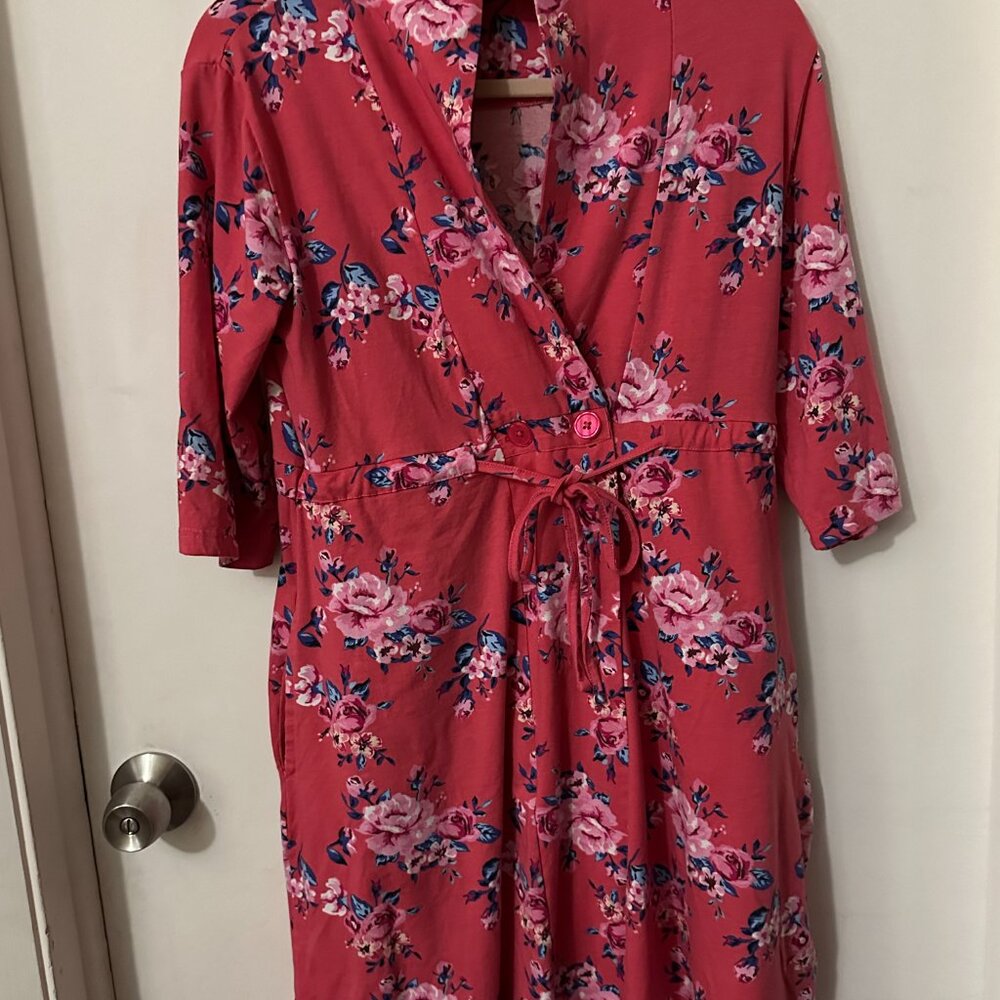 Gownies Floral Robe Dress XS/S Pink Cotton Stretch Faux Wrap Lounge Midi